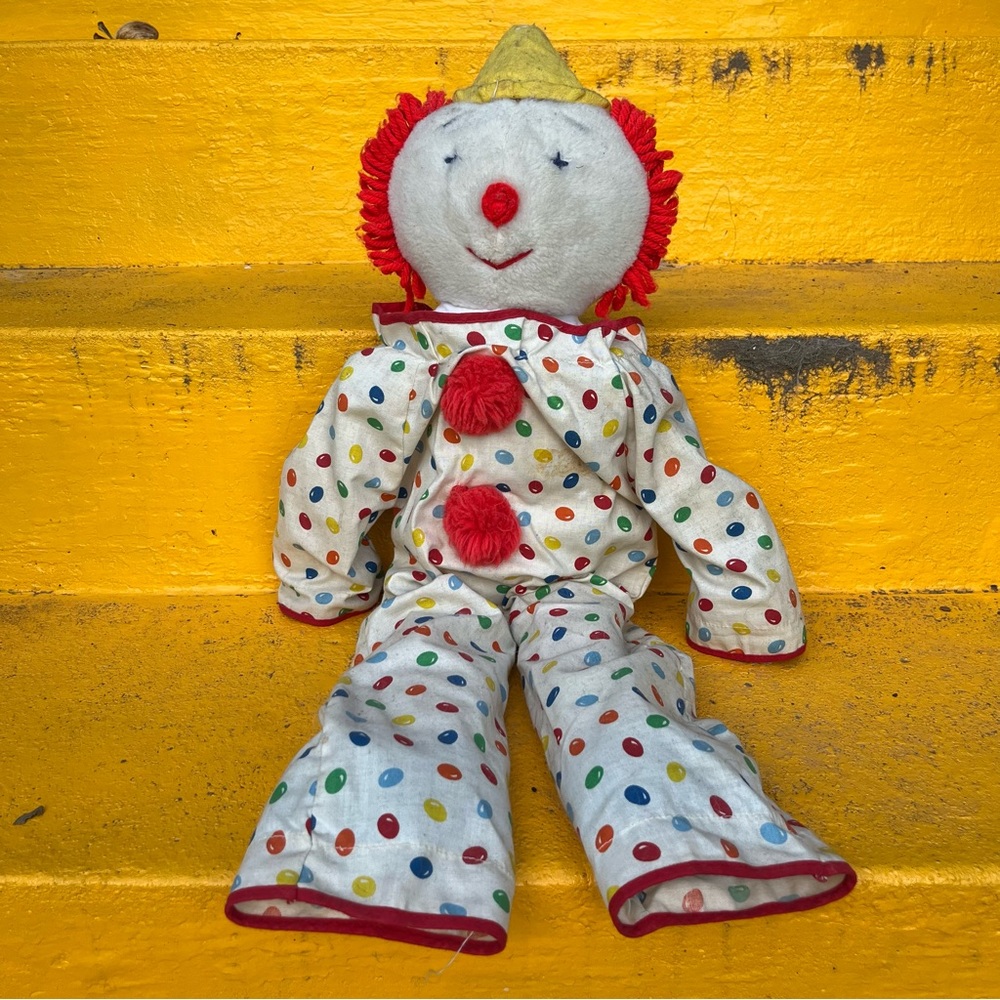 Vintage Clown Stuffed Animal Red Yarn Hair Polkadot Onsie Jumpsuit Toy Clown